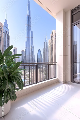 Panoramic city view from a modern balcony, featuring sleek railings, tiled flooring, and potted greenery
