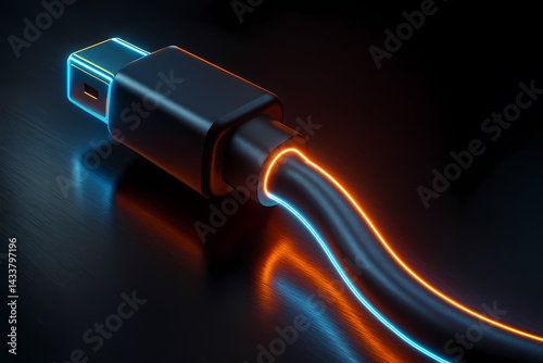 3D High-Speed Data Cable with Glow on Black Metal Background
