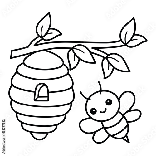 Woodland Escape Coloring Book, bold and easy coloring pages, animals line art, Bee With beehive, Beautiful Leaf, Cute Bee