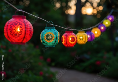 A string of radiant, decorative lanterns illuminates a garden, celebrating an evening.
