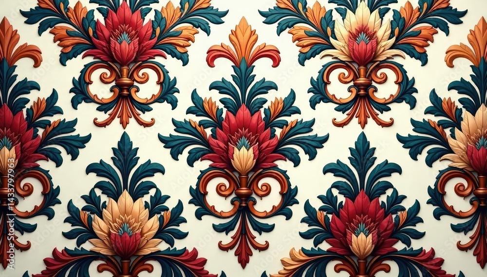Elegant floral damask pattern, intricate details, wallpaper, antique, art Elegant floral damask pattern, intricate details, wallpaper, antique, art