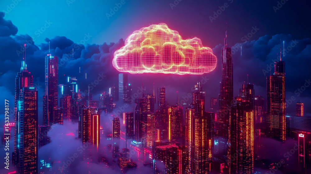 Fototapeta premium Glowing cloud floating above the cityscape surrounde