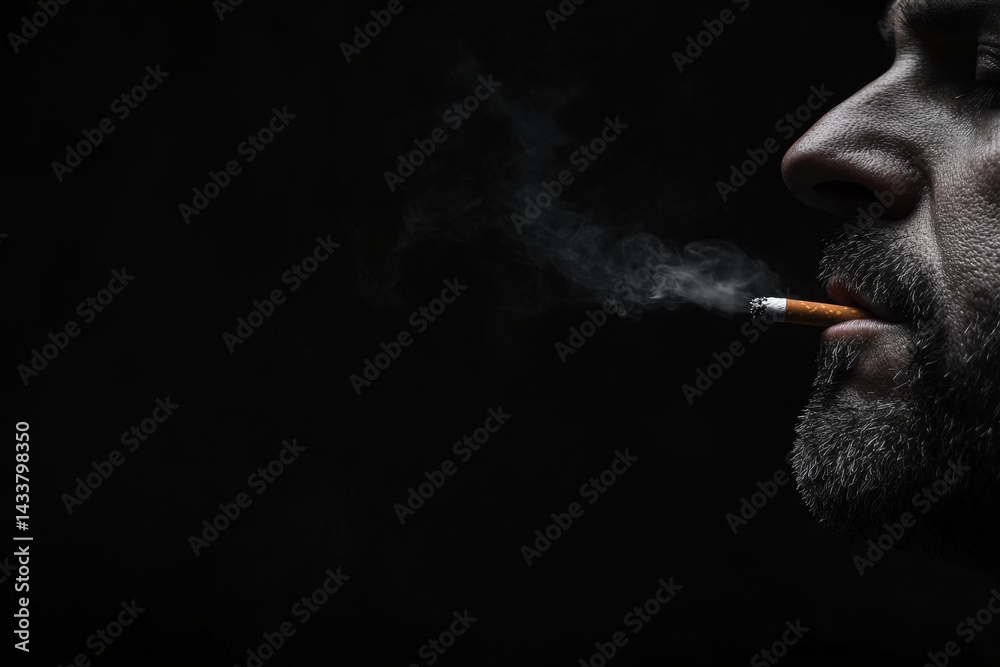 Fototapeta premium Close-up of a man smoking a cigarette, creating a mysterious atmosphere in low light