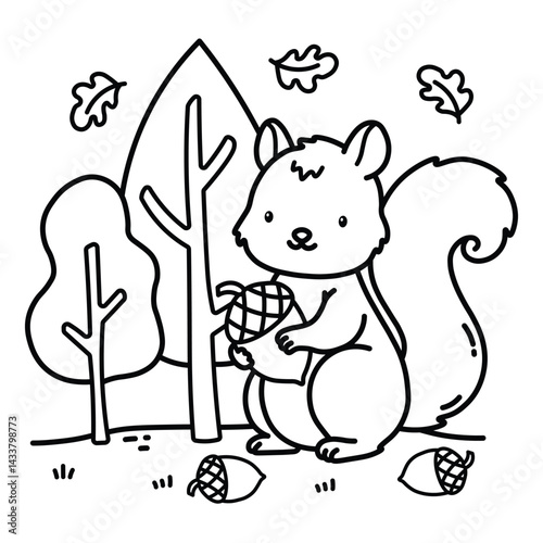 Woodland Escape Coloring Book, bold and easy coloring pages, animals line art, Squirrel, Autumn, Autumn Coloring Page,
