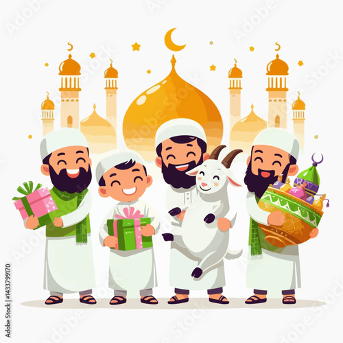 A cartoon depiction of muslim families sharing gifts and a goat during Eid al-Adha.