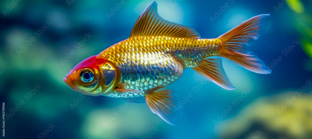Golden fish swimming in the water with a blue background Golden fish swimming in the water with a blue background