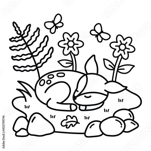 Woodland Escape Coloring Book, bold and easy coloring pages, animals line art, Cute Deer, Sleepy Deer, Woodland Animals.