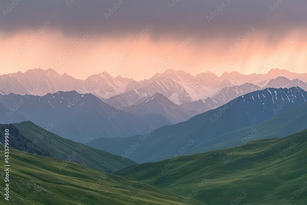 Obraz premium A panoramic view of a mountain range with rolling green hills in the foreground. The sky is a vibrant pink and purple, with a faint line of rain falling