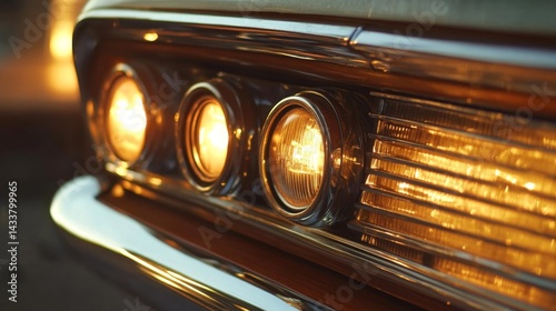 Close-Up of Classic Car Headlights at Night
