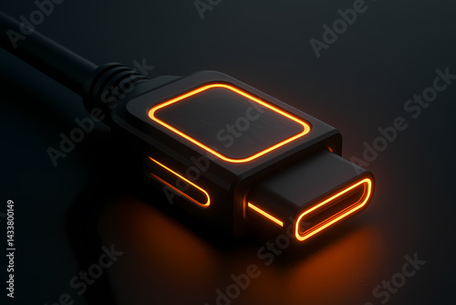 3D Futuristic Black Cable with Orange LED on Matte Surface