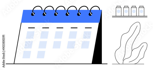 Calendar with spiral binding and weekly layout, jars on shelf, and abstract plant accent. Ideal for scheduling, organization, productivity, planning, time management, office decor simple landing
