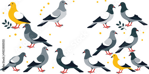 Colorful Pigeons Illustration_Vector Image of Different Colored Pigeons_Unique Bird Graphics_Variety of Pigeon Breeds_Yellow and Gray Pigeons_Illustration of a Flock of Pigeons