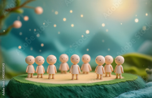 A group of miniature figures gathers on a small island surrounded by water and lush, rolling hills. Above them, a sky filled with gentle light adds a dreamlike quality. The scene suggests unity and pe