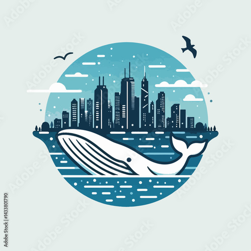 A stylized graphic of a whale in front of a city skyline.