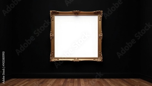 Antique art gallery frame on royal black wall in auction house or museum, exhibition blank template with white blank copy space for artwork concept mockup design
