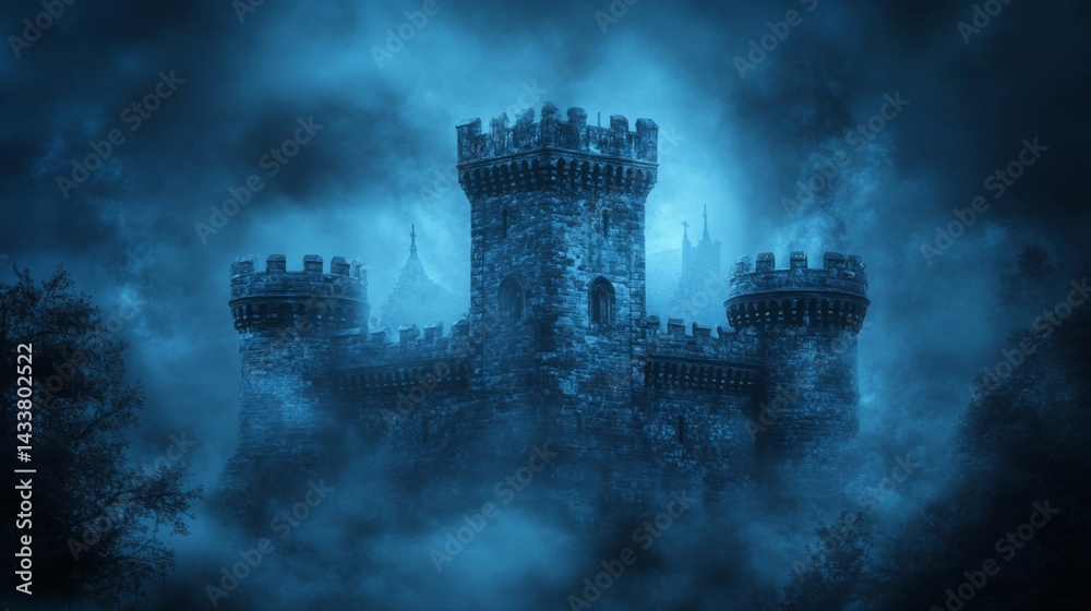Fototapeta premium Enigmatic Stone Castle at Night in Blue Fog