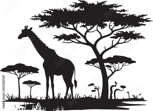 Silhouette of Giraffe in African Savanna Landscape