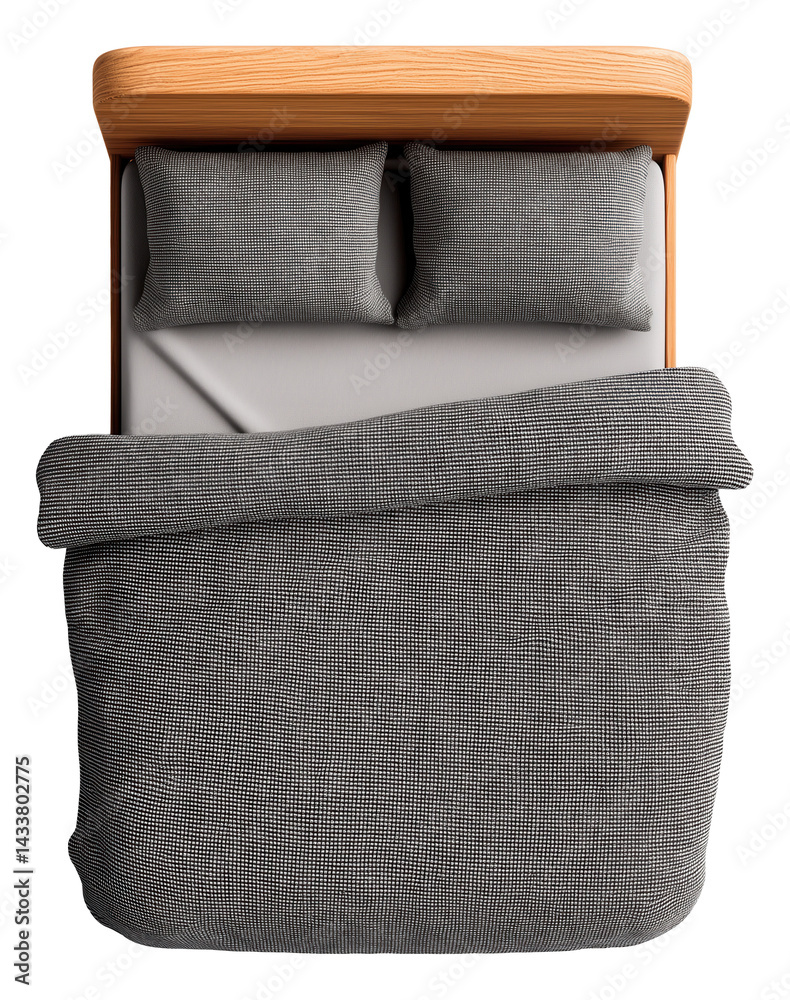 Top view of a neatly made bed with grey bedding and a wooden headboard.
