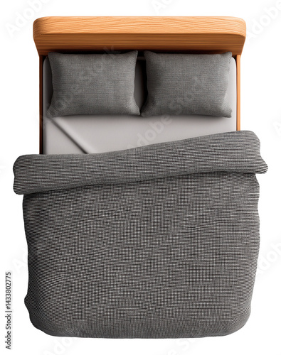 Obraz na płótnie Top view of a neatly made bed with grey bedding and a wooden headboard. w salonie