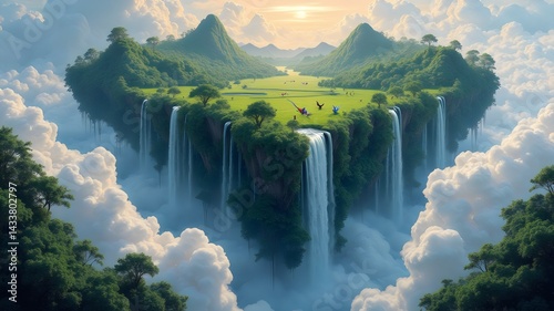 Enchanted Floating Jungle with Waterfalls and Neon Birds 