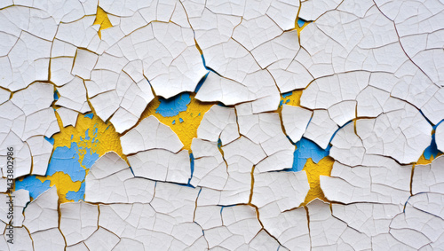 Cracked paint texture in vintage style with blue and yellow underlayers