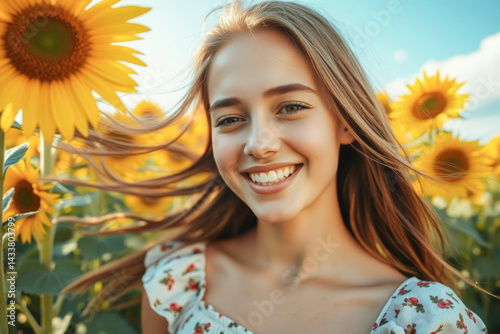 Smiling Girl in a Sunflower Field