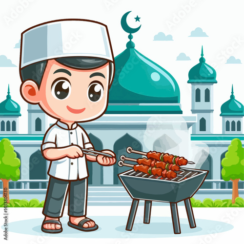 A cartoon boy grilling skewers near a mosque, representing a cultural food event.