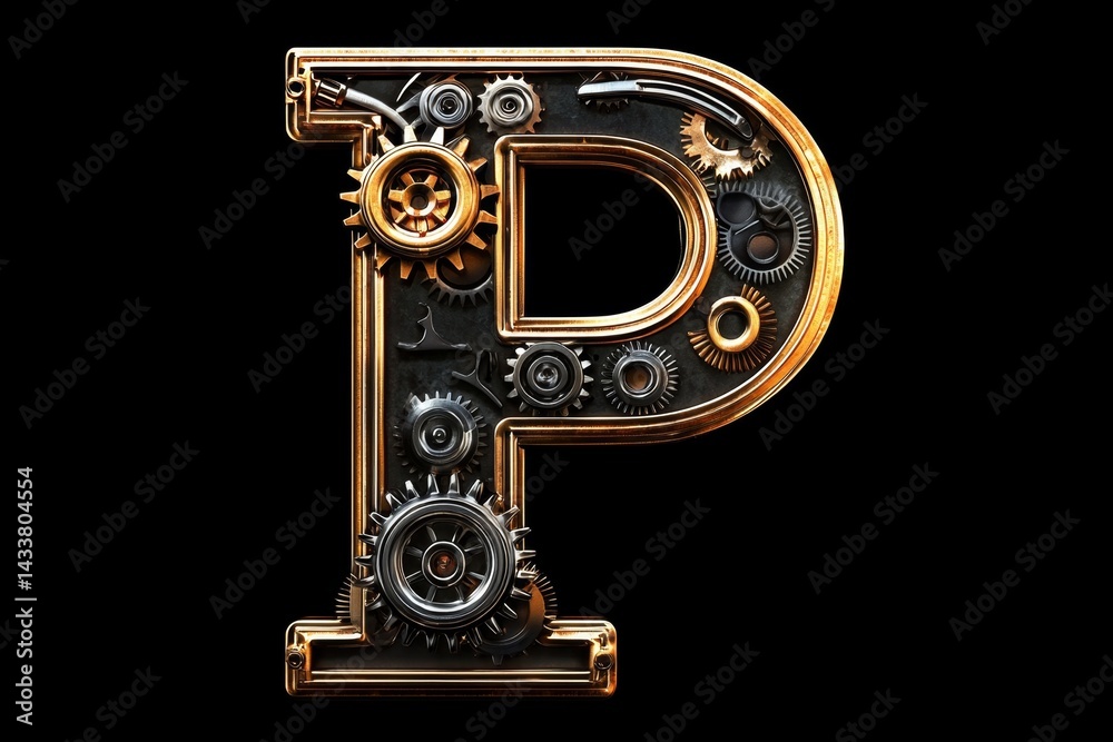 Fototapeta premium Shiny metal capital letter P featuring intricate gears and rivets.