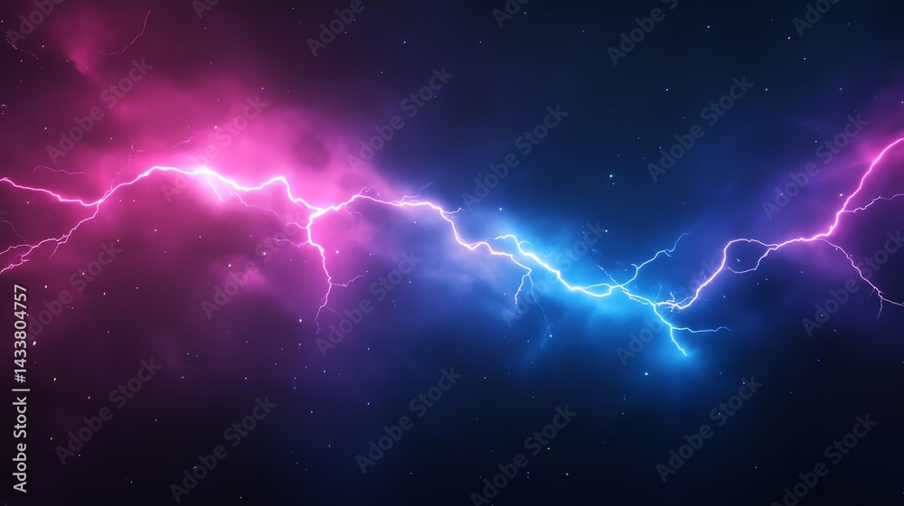 Vivid lightning bolts illuminate a colorful night sky. Vivid lightning bolts illuminate a colorful night sky.