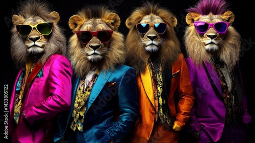 Trendy chimpanzee rock band showcasing stylish outfits.