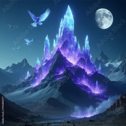 Surreal Alien Planet Landscape with Glowing Crystalline Mountains and  Moon – Fantasy Sci-Fi Digital Art