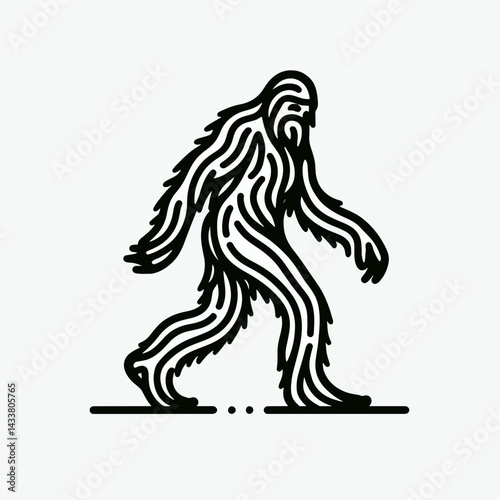 A captivating black and white line drawing of a large, hairy, walking creature.
