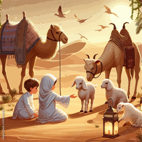 A desert scene depicts children caring for camels and goats.