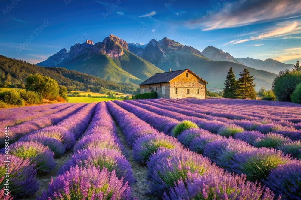 Naklejka premium Lavender Fields House Mountain Landscape Photography - Serene Rural Scene