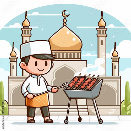A cartoon illustration of a muslim man cooking skewers outside a mosque.