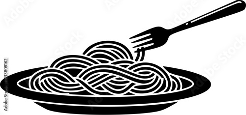 Simple Black Silhouette Icon of Spaghetti on a Plate with a Fork
