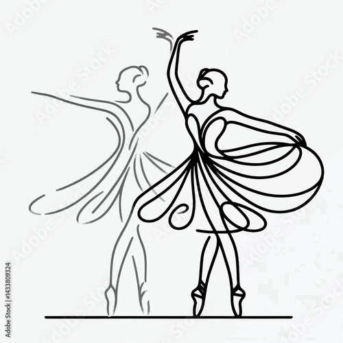 A continuous line drawing of a ballerina in a dynamic pose.