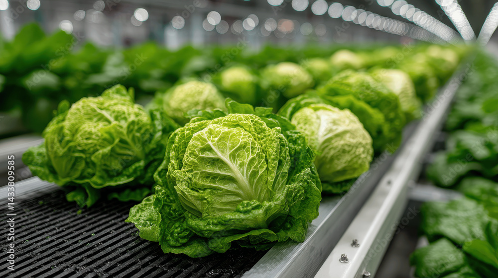 Fototapeta premium Rows of vibrant romaine lettuce heads are seen on a conveyor belt inside a greenhouse. The facility is well-lit, showcasing the freshness and quality of the produce ready for distribution