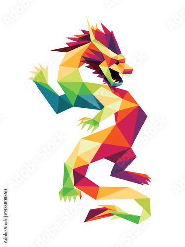 Colorful Abstract Polygon of Dragon. Colorful Low poly Illustration of Dragon. Standing Dragon Colorful Logo polygon.