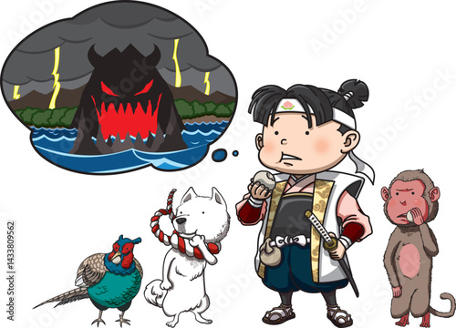 きびだんごをほおばりながら鬼ヶ島を想像する桃太郎一行