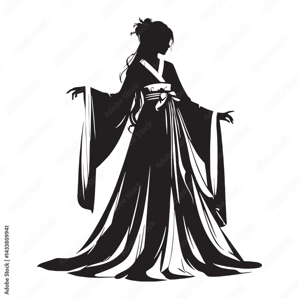Fototapeta premium Delicate Hanfu silhouette, draped in cultural elegance – Hanfu illustration – Minimalist Hanfu vector – Ladies dress silhouette