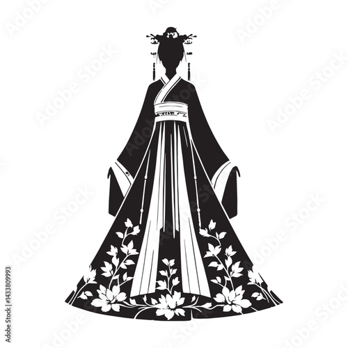 Stunning Hanfu silhouette, iconic style from imperial times – Hanfu illustration – Minimalist Hanfu vector – Ladies dress silhouette

