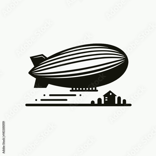 A stylized graphic of a zeppelin flying over a simple countryside scene.