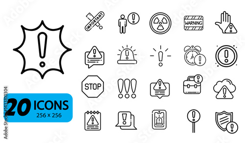Set of 20 Warning and Alert Icons, Outline Style, 256x256 Pixels