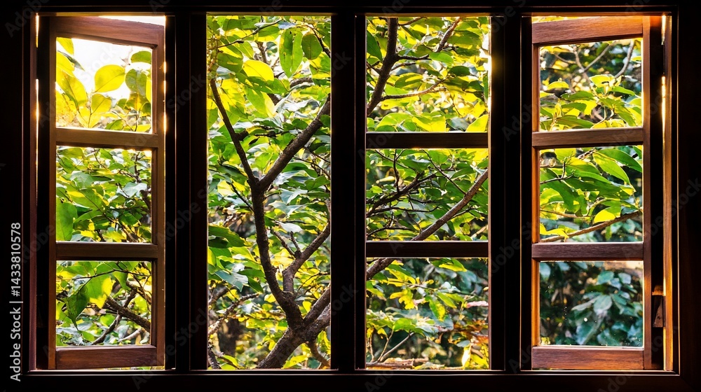 A wooden window frame with divided panes showcasing a lush garden. Sunlight filters through the foliage, illuminating the vibrant greenery outside A wooden window frame with divided panes showcasing a lush garden. Sunlight filters through the foliage, illuminating the vibrant greenery outside