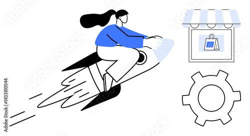 Woman riding rocket for speed and innovation with storefront for e-commerce idea and cogwheel for productivity. Ideal for business growth, startup, innovation, e-commerce, technology, success, simple