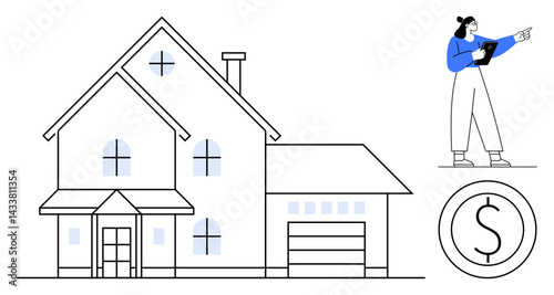 Real estate agent with tablet near a house and coin, focusing on property assessment, sales, investment, real estate marketing, home loans, architecture, and a simple landing page