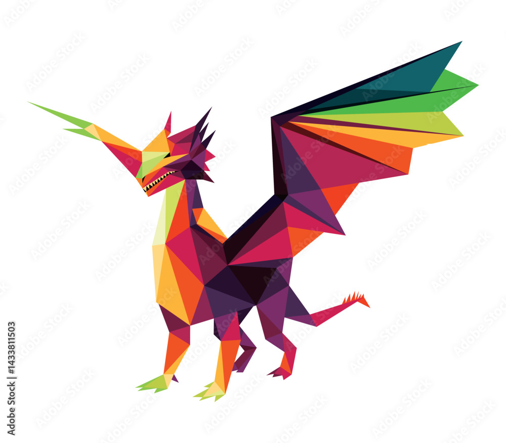 Obraz premium Colorful Polygonal of Scary Dragon. Colorful Abstract Illustration of Standing Dragon. Scary Dragon Colorful Logo Low Poly.