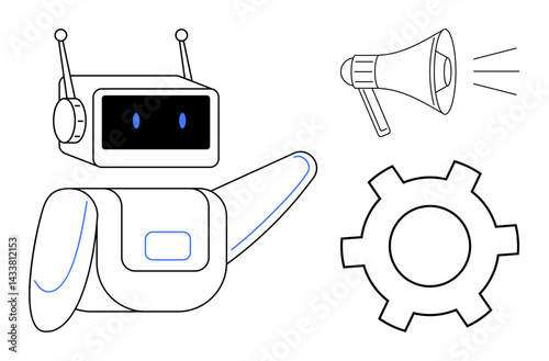 Robot gestures toward a gear and a megaphone, blending technology, innovation, and messaging. Ideal for automation, AI, robotics, teamwork, efficiency tech solutions simple landing page