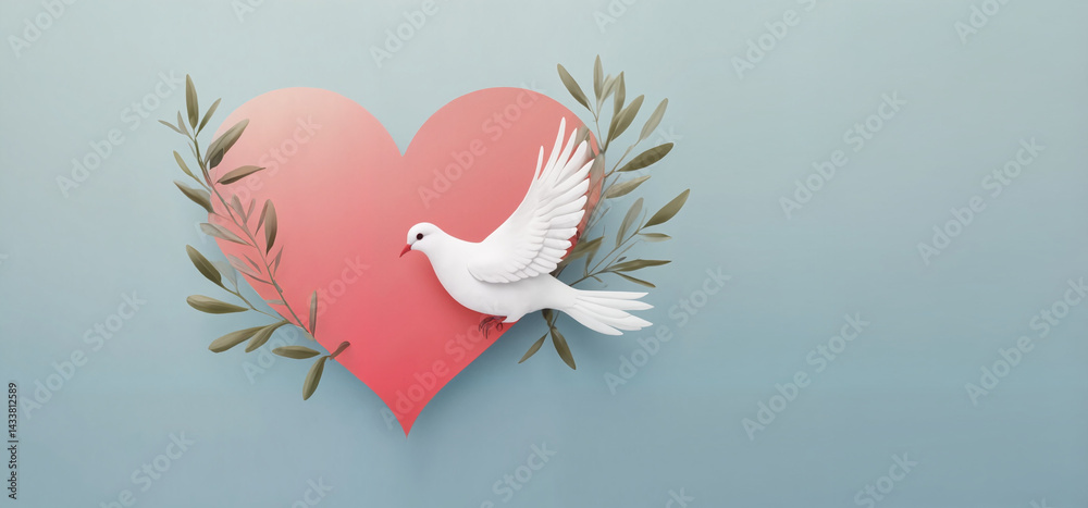 Obraz premium Dove on pink heart with olive branches, romantic mood, creative design, soft colors, copy space